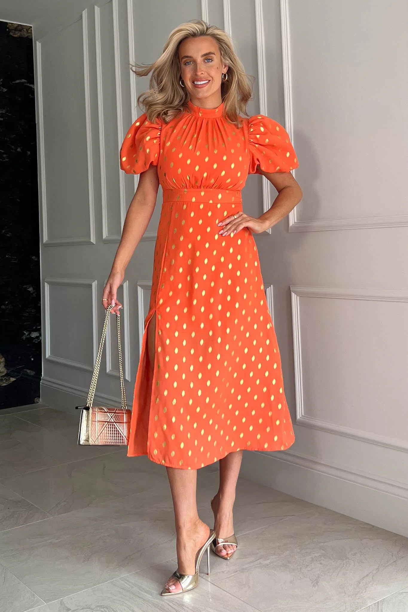 Lilly Orange Gold Foil Print Puff Sleeve Midi Dress